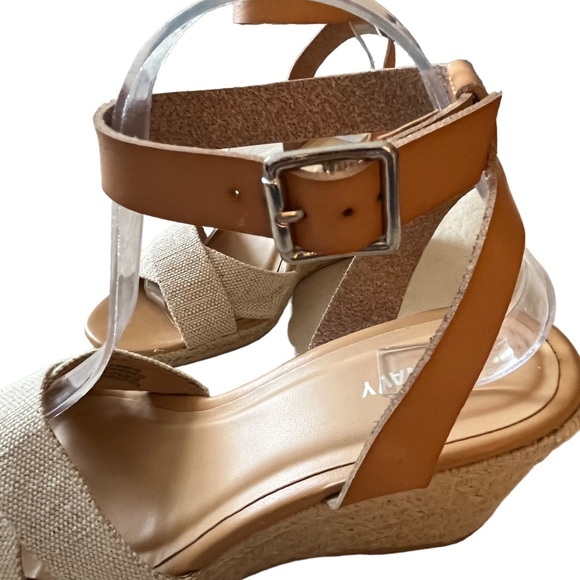 Old Navy Oatmeal Canvas & Tan Leather Espadrille Wedges Size 8.5 - Picture 4 of 9